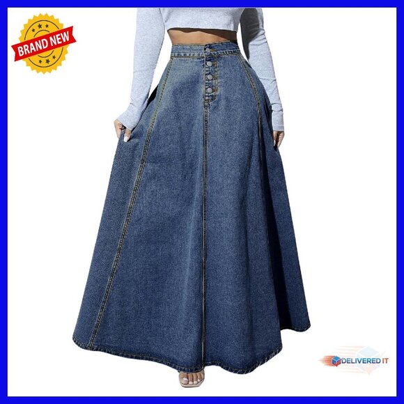 Dresses & Skirts - Retro High Waist Button Fly Flared Denim Maxi Skirt Pleated Swing